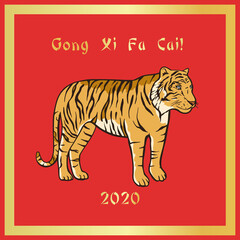 Chinese new year tiger red and gold vector card. Christmas vintage wild animal oriental banner. Beauty celebration color concept. Gong xi fa cai 