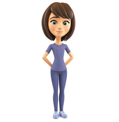 Cartoon character cheerful girl in a blue blouse stands modestly on a white background. 3d render illustration.
