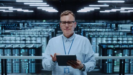 Portrait of a Data Center Engineer Using Laptop Computer. Server Room Specialist Facility with Adult Male System Administrator Working with Data Protection Network for Cyber Security. - Powered by Adobe