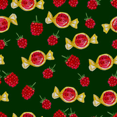 Watercolor hand drawn tea set pattern fruit drops, deep green background