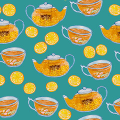 Watercolor hand drawn tea set pattern, sea buckthorn tea, citrus rounds, cold green background