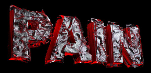 3d render with abstract art of surreal word pain in bold font in rough damaged iron metal material with glass crystals parts in deformation process in red color on isolated black background