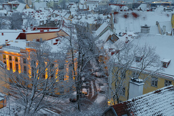 TALLINN, ESTONIA - JANUARY 04, 2021: View of streets of old town at winter moody day