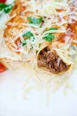 Pancakes with meat, in tomato sauce and cheese, with cilantro and grated cheese on top, and some cherry tomatoes on the plate.
