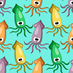 Seamless vector pattern with color cute cartoon squid