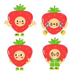 Cute funny Strawberry with baby face set collection. Vector cartoon kawaii character illustration kids emoji icon. Isolated on white background. Strawberry child poster, card cartoon character concept