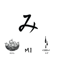 Japanese alphabets illustration Hand drawn sketch drawing. Japanese letter of Mi Vector illustration of calligraphy Hiragana word with example. Graphic design elements. Isolated objects for education.