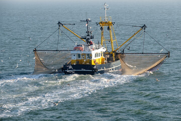 The Noordster from Wieringen fishing in the Wadden Sea near Texel, Noord-Holland province, The Netherlands - obrazy, fototapety, plakaty