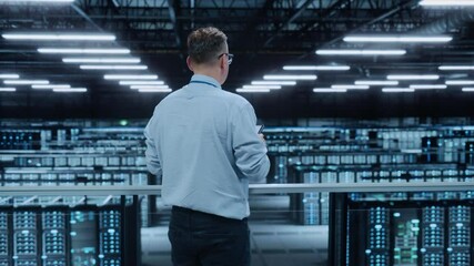 Data Center Engineer Using Laptop Computer. Server Farm Cloud Computing Specialist Facility with Adult Male System Administrator Working with Data Protection Network for Cyber Security. - Powered by Adobe