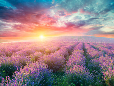 Lavender field summer sunset landscape near Valensole.Provence,France © kishivan