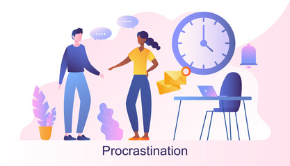 Young male and female characters are procrastinating together. Concept of laziness, avoidance of doing tasks in time. People wasting time instead of working. Flat cartoon vector illustration