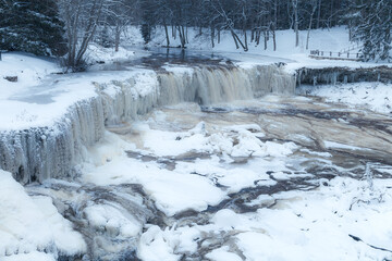 Frozen Keila-Joa waterfall by winter. Harjumaa, Estonia