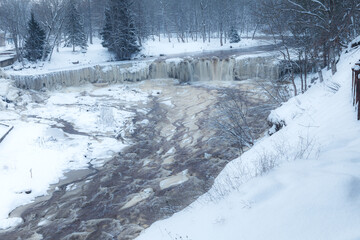 Frozen Keila-Joa waterfall by winter. Harjumaa, Estonia