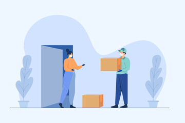 Quarantine in the city. Corona virus epidemic. A courier in a protective medical mask holds parcels in his hands. Stay home.