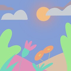 Outdoor sunlight in summer landscape cartoon Digital art design for background, pattern fabric, backdrop, book and wallpaper 