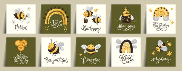 Cute honey bee funny illustration card set. Cartoon vector postcard happy summer insect character collection with daisy flower and lettering quote.