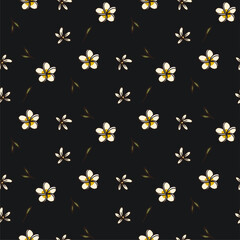 Tropical frangipani plumeria flower seamless vector pattern on a black background. Exotic summer nature floral botanical wallpaper. Botany jungle illustration.