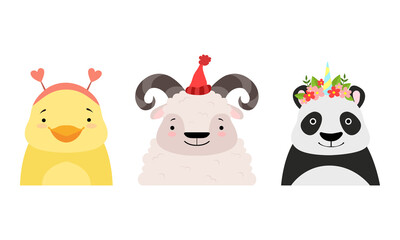 Set of Cute Baby Animals in Headdresses, Lovely Duckling, Sheep, Panda in Stylish Headgears Cartoon Vector Illustration