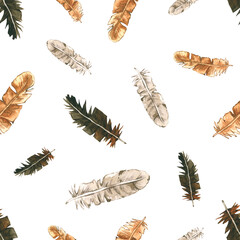 Seamless pattern with watercolor feathers. Hand drawn illustration is isolated on white. Ornament is perfect for agricultural design, farm background, rural wallpaper, fabric textile