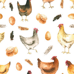 Seamless pattern with watercolor hens, eggs, feathers. Hand drawn illustration is isolated on white. Chicken ornament is perfect for agricultural design, rural wallpaper, background, fabric textile
