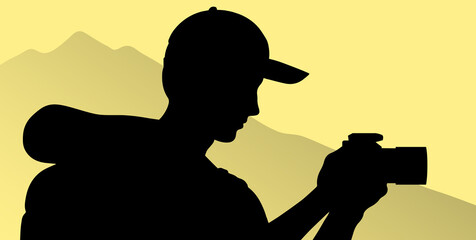 Silhouette hiking man with a camera on the background of wildlife. Vector illustration