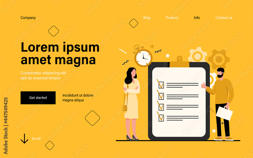 Poster managers with task list. employees standing at checklist and timer, making thumb up flat vector illu