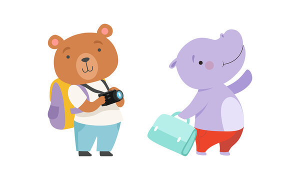 Cute Traveling Baby Animals Set, Amusing Bear and Hippo Characters Going on Trip Cartoon Vector Illustration