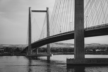 Fototapeta premium Black and white photo of cable bridge over Columbia River in Washington State