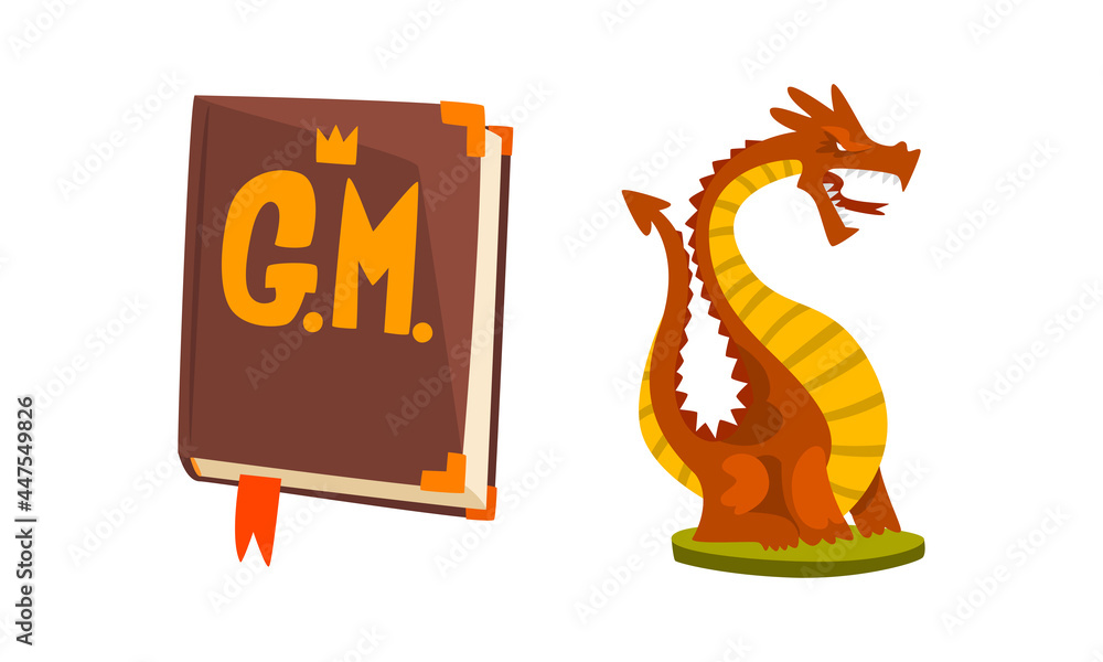 Poster Fantasy Magic Board Game User Interface Set, Fairy Tale Book and Dragon Cartoon Vector Illustration