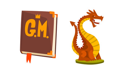 Fantasy Magic Board Game User Interface Set, Fairy Tale Book and Dragon Cartoon Vector Illustration