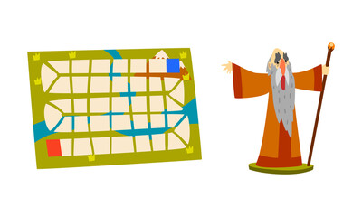 Fantasy Magic Board Game User Interface Set, Map and Old Wizard with Magic Staff Cartoon Vector Illustration