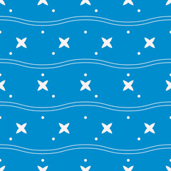 Blue background and white crosses, dots and waves. Vector.