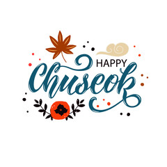 Happy Chuseok handwritten text (Korean Harvest Festival, thanksgiving day). Isolated on white background. Modern brush calligraphy. Hand lettering, vector illustration of maple leaf, persimmon, cloud