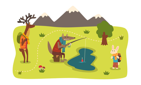 Wild Animals Travelling Set, Rabbit, Deer, Wolf Characters Camping, Hiking and Fishing Vector Illustration