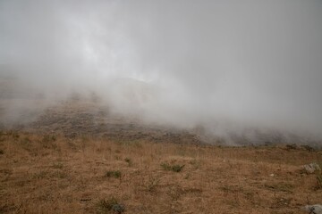 Mountain range covered in fog in the Lebanon Sannine region