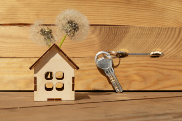 small wooden house with a key on a blue wooden surface / turnkey solution for individual accommodation