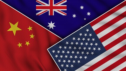 Australia United States of America China Flags Together Fabric Texture Effect Illustration