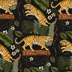 Exotic tropical animal wild tiger seamless pattern with palm monstera leaves. Wildlife nature jungle art on a black background. Tropic zoo print illustration. New year Christmas 2022.