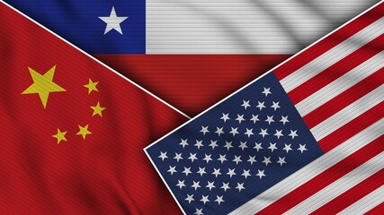 Chile United States of America China Flags Together Fabric Texture Effect Illustration