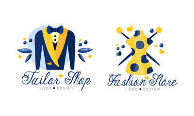 Tailor Shop Logo Design Set, Fashion Store Hand Drawn Labels Vector Illustration