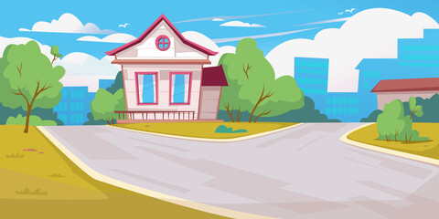 Beautiful cartoon house on the background of the city. Summer day, banner with place for an inscription, copy-paste. Empty city street. Vector illustration in children's style. Cozy village landscape
