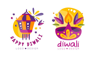 Happy Diwali Logo Design Set, Hindu Festival Bright Labels Vector Illustration