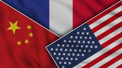 France United States of America China Flags Together Fabric Texture Effect Illustration