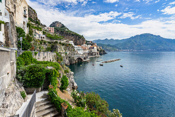 Scenic landscape of Amalfi Coast near the small town of Atrani, Campania region, Italy