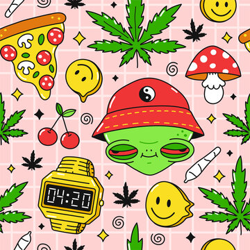 Psychedelic trippy,pizzz 420 seamless pattern. Alien with red eyes,4:20 on clock, weed marijuana leafs. Vector cartoon character illustration design. Trippy alien,mushroom,cannabis pattern art concept