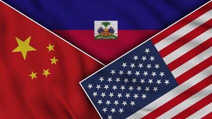 Haiti United States of America China Flags Together Fabric Texture Effect Illustration