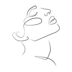 Face of a young woman with closed eyes one line drawing on white isolated background