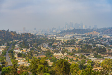High angle haze view of some residence building with skyline