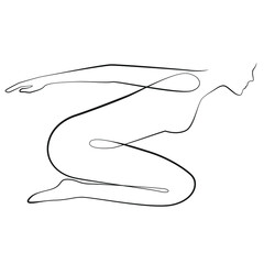 Young woman sits on the floor with her legs bent under her and stretching her arms back, one line drawing on white isolated background