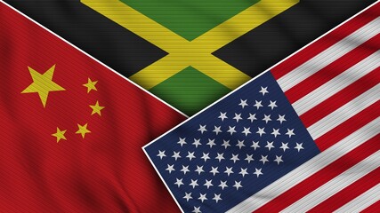 Fototapeta premium Jamaica United States of America China Flags Together Fabric Texture Effect Illustration